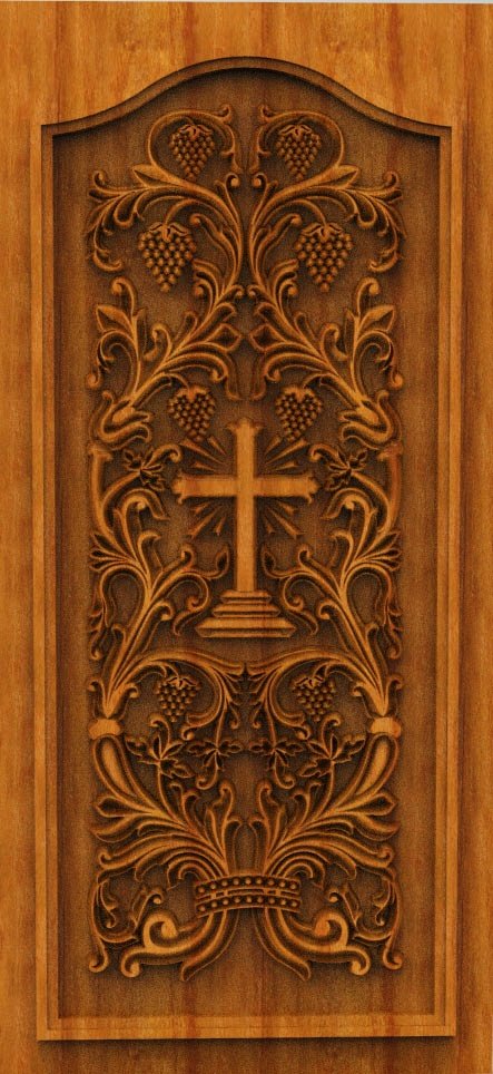 3D DOOR - OAK-61 Religious Cross and Vineyard Floral Relief Carving